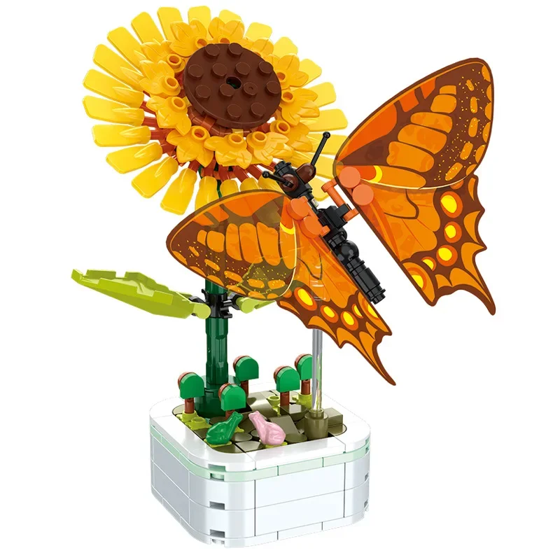 DIY Butterfly Insect Potted Plant Bonsai Flower Block Rose Decoration Mini Building Block Figure Plastic Toy Gift Kids Girls