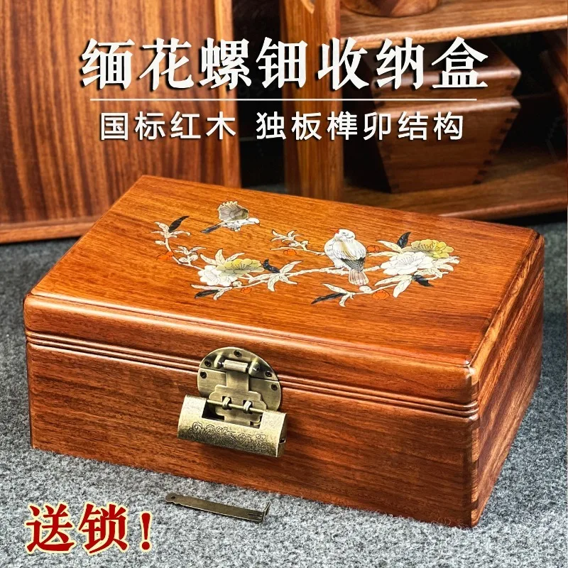 Burma Padauk Wood Jewelry Box Magpie Pattern Shell Inlay Craft Wooden Trinket Storage Case Wedding Gift Home Decoration