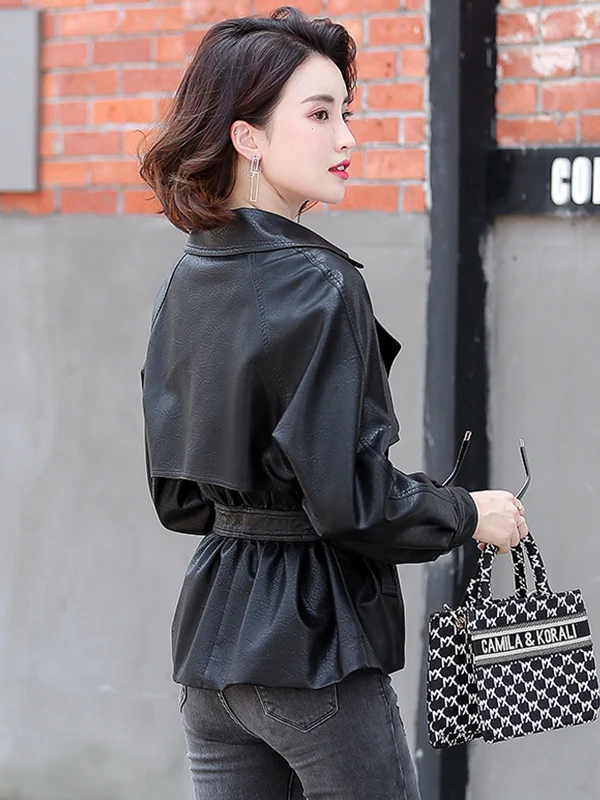 Haining Genuine Leather Jaet Women's ort Sle 2025 Autumn New Bla Waist-Cinching eepskin Coat with Belt