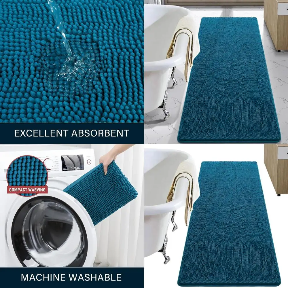 

24x70 Plush Shaggy Bath Mat, Non-Slip Washable Shower Rug, Soft Chenille Absorbent Carpet, Peacock Blue