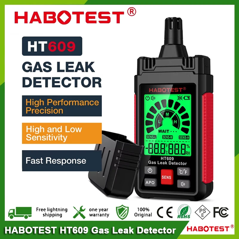 HABOTEST HT609 Gas Leak Detector Combustible Gas Detector Display Portable Temperature Humidity Gas Analyzer Electric Tester