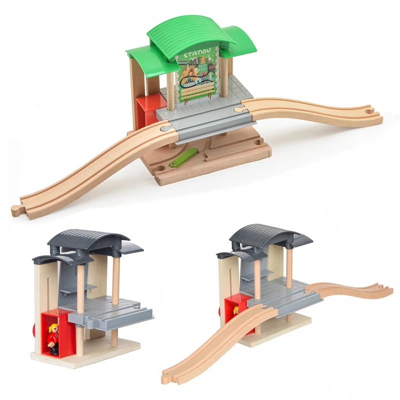 

Wooden Railway Track Accessories Train Station Traffic Center Double Layer fit for All Brand Wooden Tracks Toys For Kids