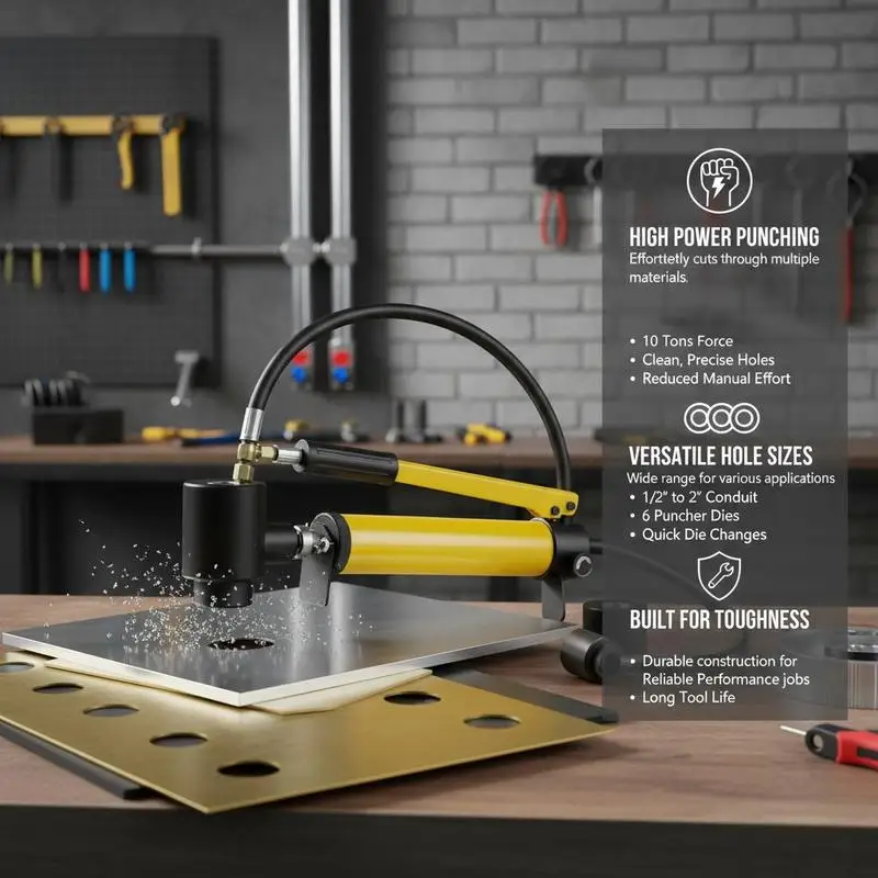 Hydraulic Hole Puncher Driver 1/2" to 2" For Electrical Installation, Plumbing, Metal Fabrication, 10 Ton Force 6 Die Sets Carbon Steel Manual Pump Operation Construction Site Tool view 4