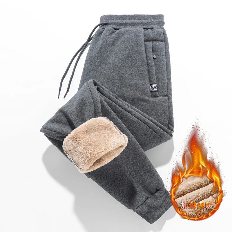 

Winter Men's Cotton Pants Men Lambswool Thermal Trousers Fleece-Lined Thick Lambskin Knitted Sweatpants Windproof Warm Pants