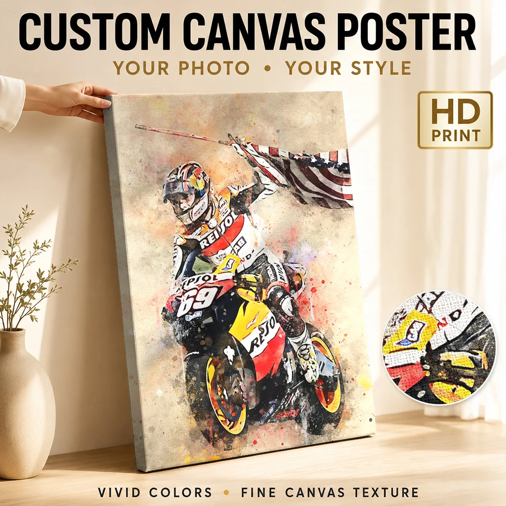 Nicky Hayden Motorcycle Framed Canvas Poster Watercolor Style Wall Art With Customized Photo For Home Office Ideal Birthday Gift