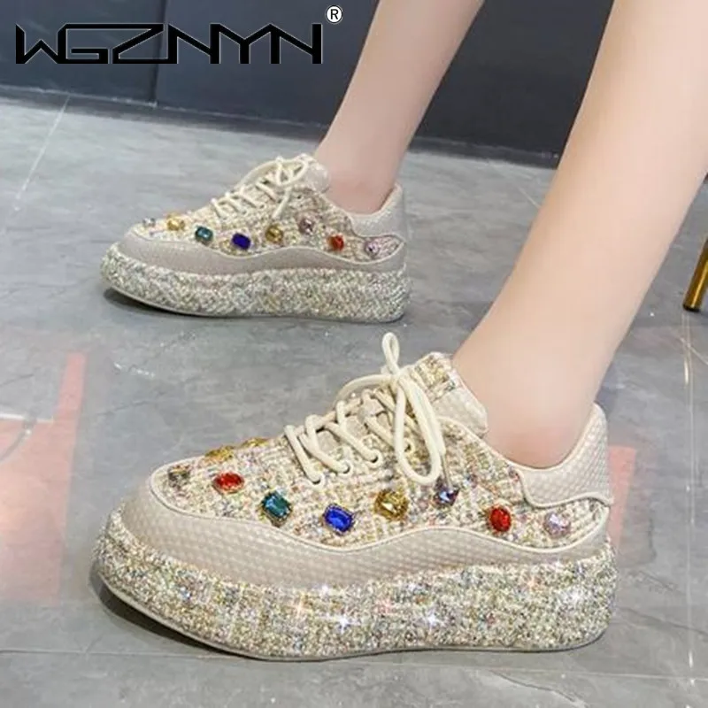 Women Skate Shoes Platform Mid-heel Casual Shoes Lace-up All-match Beaded Women Tennis Shoes Rhinestone Fashionable Women Shoes