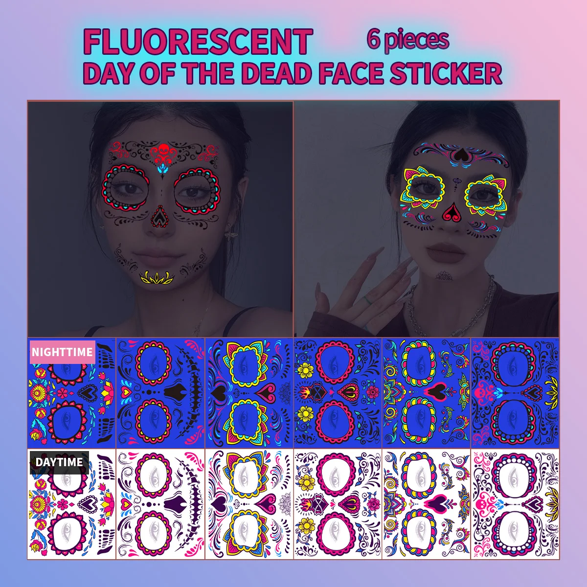

6 Sheets Colorful Funny Halloween Two-color Luminous Fake Tattoo Female Sticker Grimace Scar Sticker Full Face Tattoo Makeup