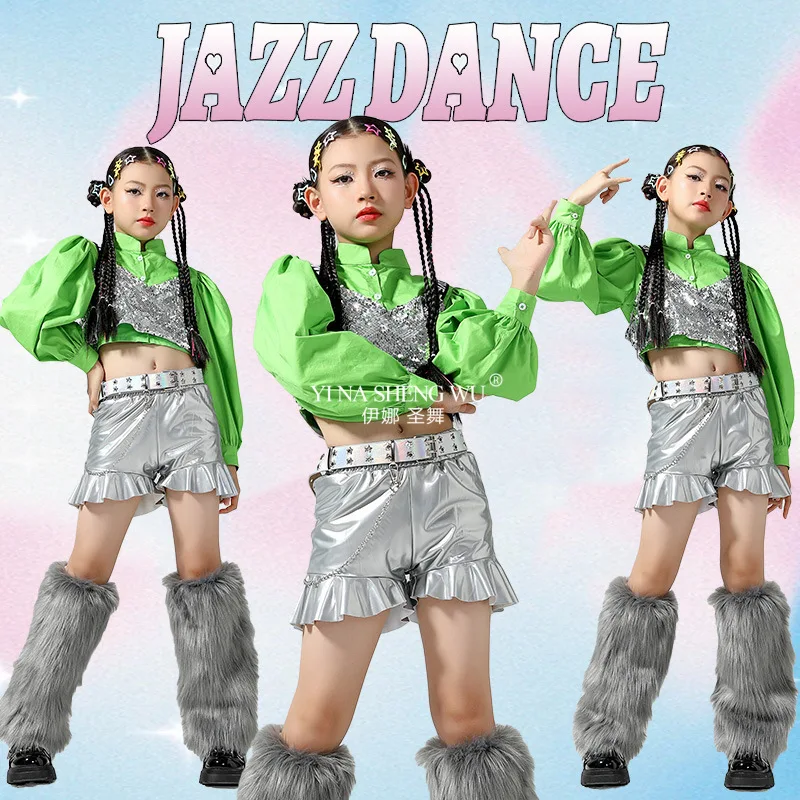 mode-k-pop-scene-tenues-filles-vert-argent-paillettes-costume-jazz-danse-hip-hop-rue-danse-vetements-defile-performance-porter