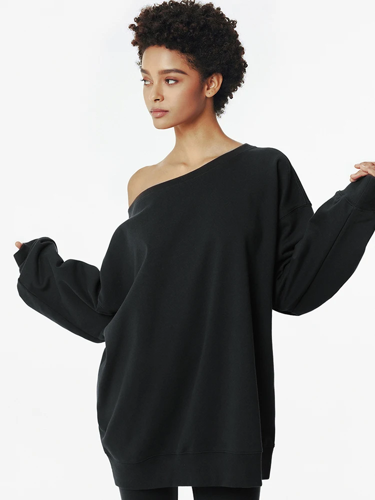 Off-Shoulder Sweatshirt for Women Loose Long Sleeve Tops Thin Knitting Sweatshirts Black and Gray Daily Leisure New 2024 Autumn