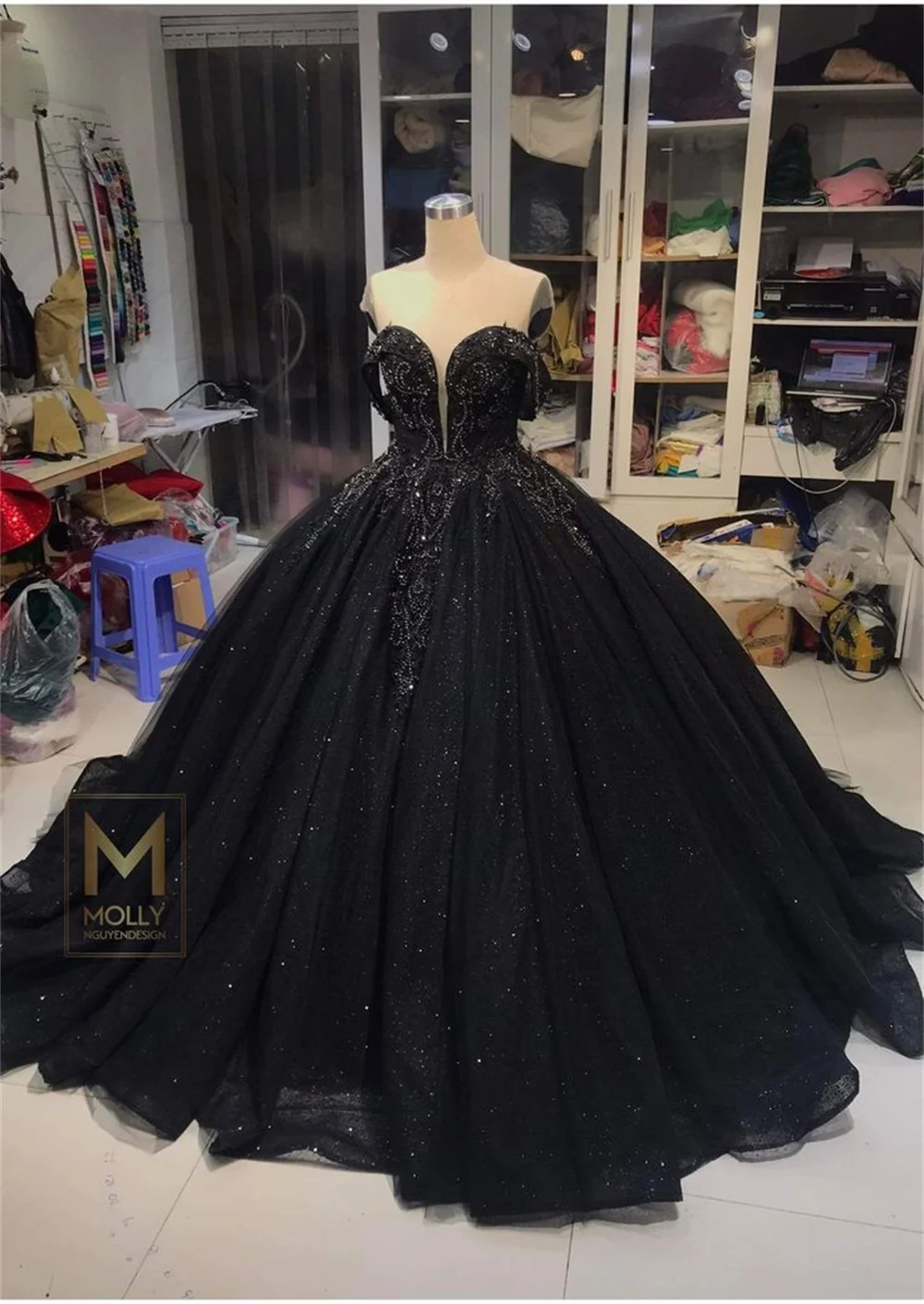 Sansa Black Ball Gown فساتين السهرة  فساتين للحفلات الراقصة Sexy Off Shoulder Prom Dress Shiny Sequins Embroid Party Dress