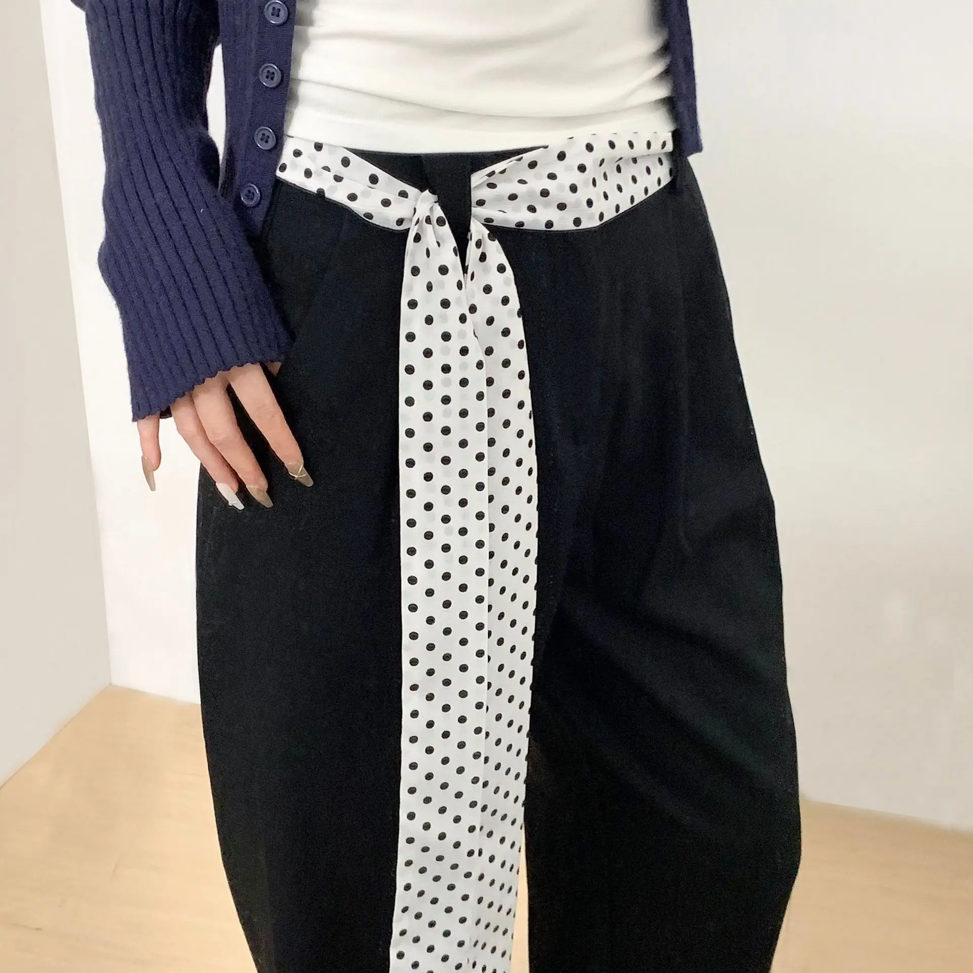 Black White Polka Dot Scarf Headband Women's New Style Long Necktie Korean Version Fashionable Accessory Hairband Waist Belt