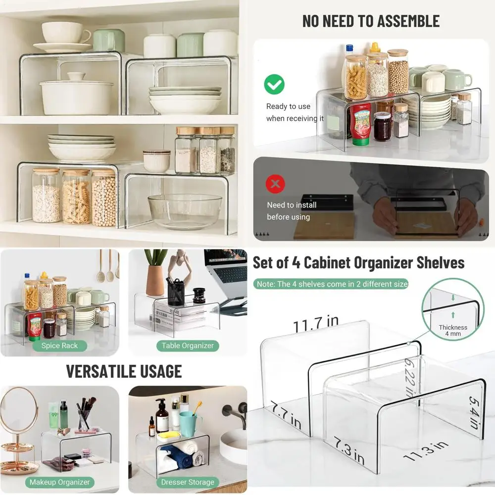 

4-Piece Kitchen and Pantry Storage Set: Clear Spice Rack, Display Shelf, and Organizers for Efficient Countertop Space
