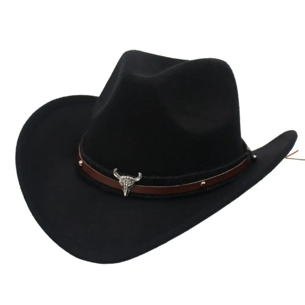 New Felt Western Cowboy Hat Ox Head Belt Roll Brim Tibetan Style Top Hat with Cow Band Ethnic Style Cowgirl Cap Women