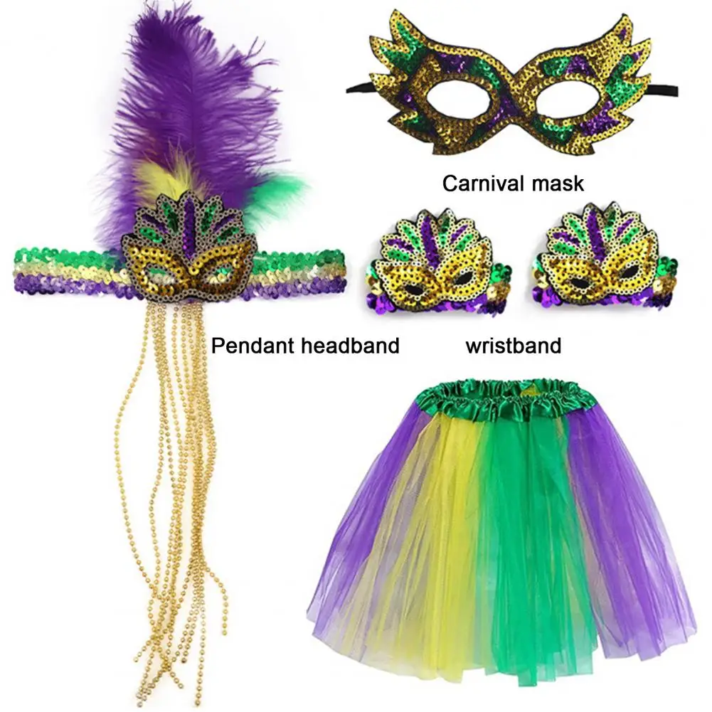 Bohemian Headband Set Colorful Masquerade Costume Set with Sequin A-line Skirt Tassel Earrings Carnival Headband for Father