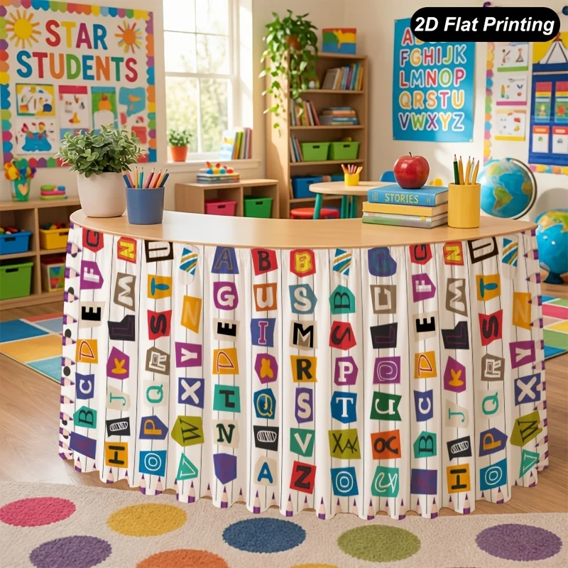 Table Skirt Tablecloth 1 Pack Homecoming Tablecloth, Colorful Letter Checkered Pattern White Christmas Table Skirt