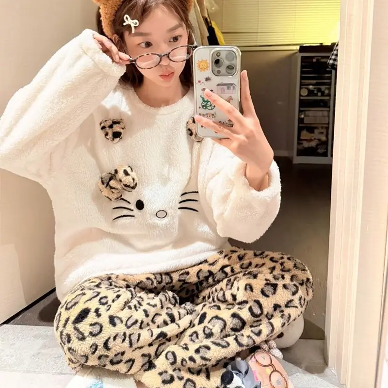 Leopard Print Hello Kitty Winter Flannel Girls Long-sleeved Trousers Plus Velvet Thickened Warm Pajamas Set Loose Home Clothes