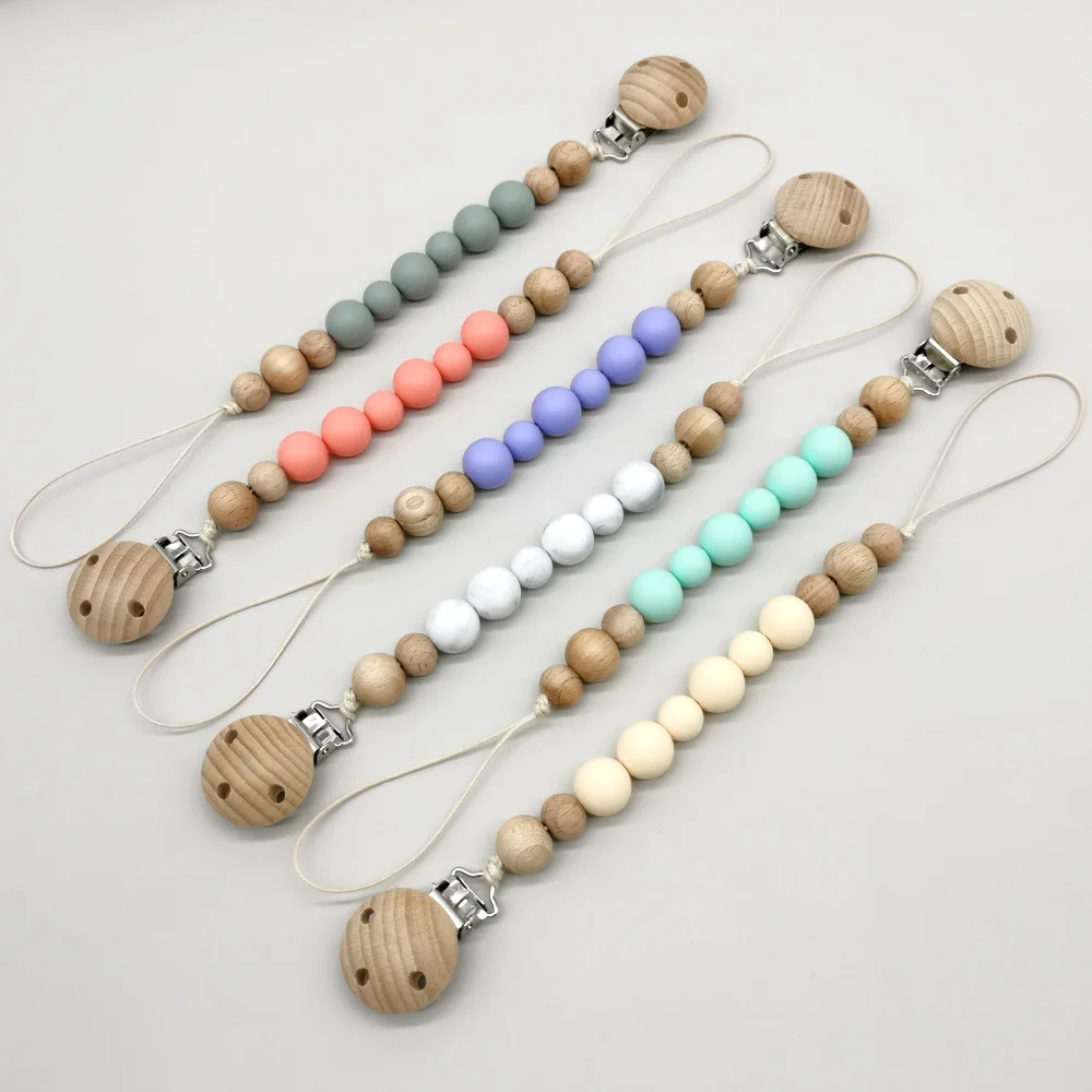 

Baby Beech Wooden Pacifier Clip Silicone Round Beads Infant Dummy Holder Chain For Nursing Chewing Toys Shower Gift