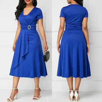 We.Fine Dress Women Solid Color Short Sleeve V Neck Asymmetric Hem Waist Midi Party Dress Elastic Female Dresses Woman Vestidos