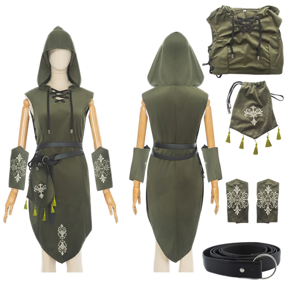 

Medieval Elven Queen Green Hooded Skirt with Accessories For Women Female Halloween Carnival Costume Party Outfits