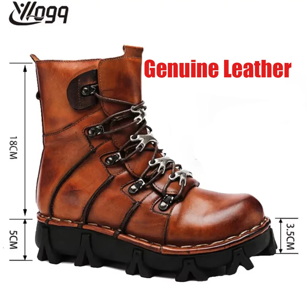 New Men's Cowhide Genuine Leather Motorcycle Boots Mid-calf Combat Boots Gothic Skull Punk Snow Winter Boots 50