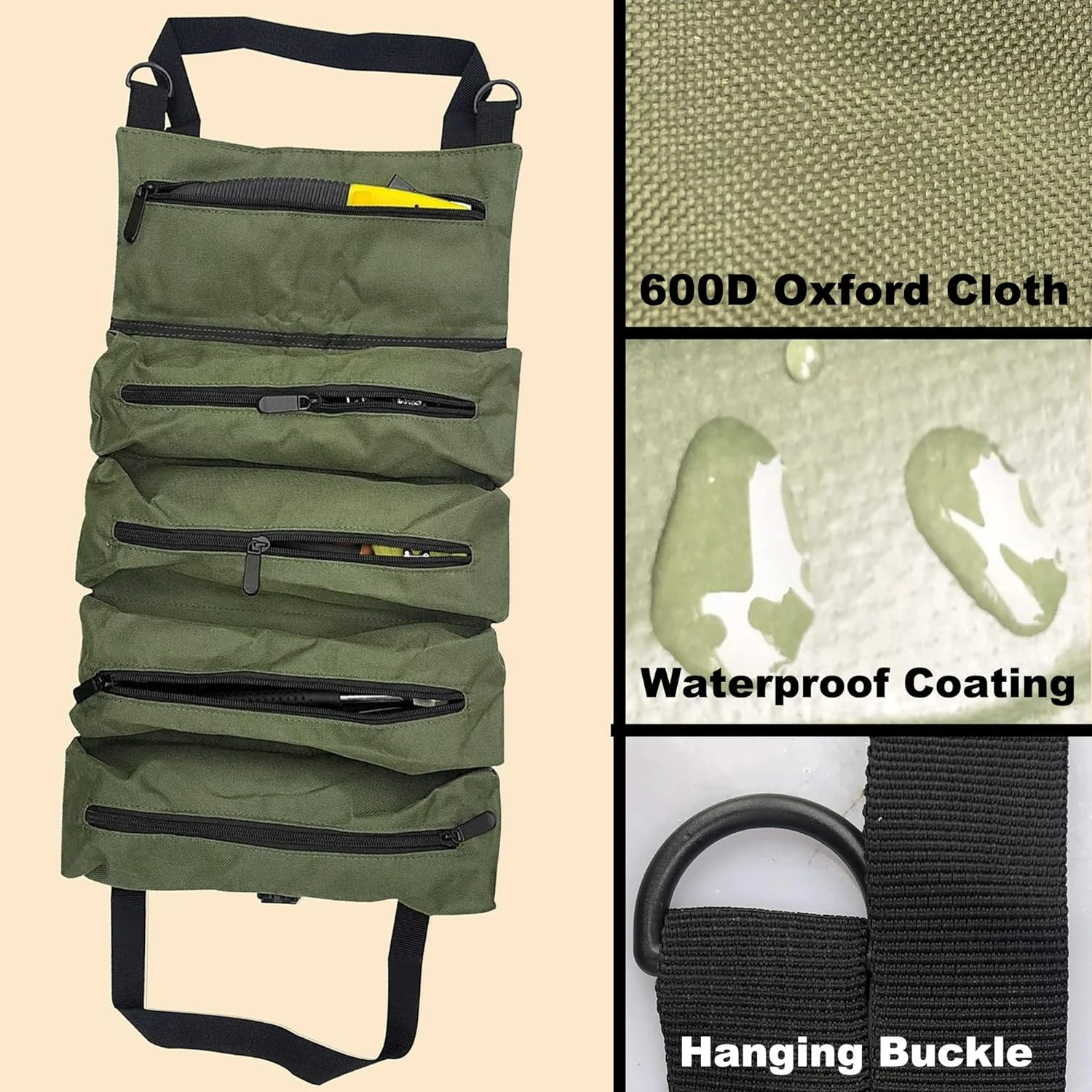حقيبة قابلة للطي من قماش أكسفورد مقاومة للماء باللون الأخضر المتين مع 5 جيوب واسعة - منظم عالي التحمل متعدد الأغراض مثالي لـ El #3