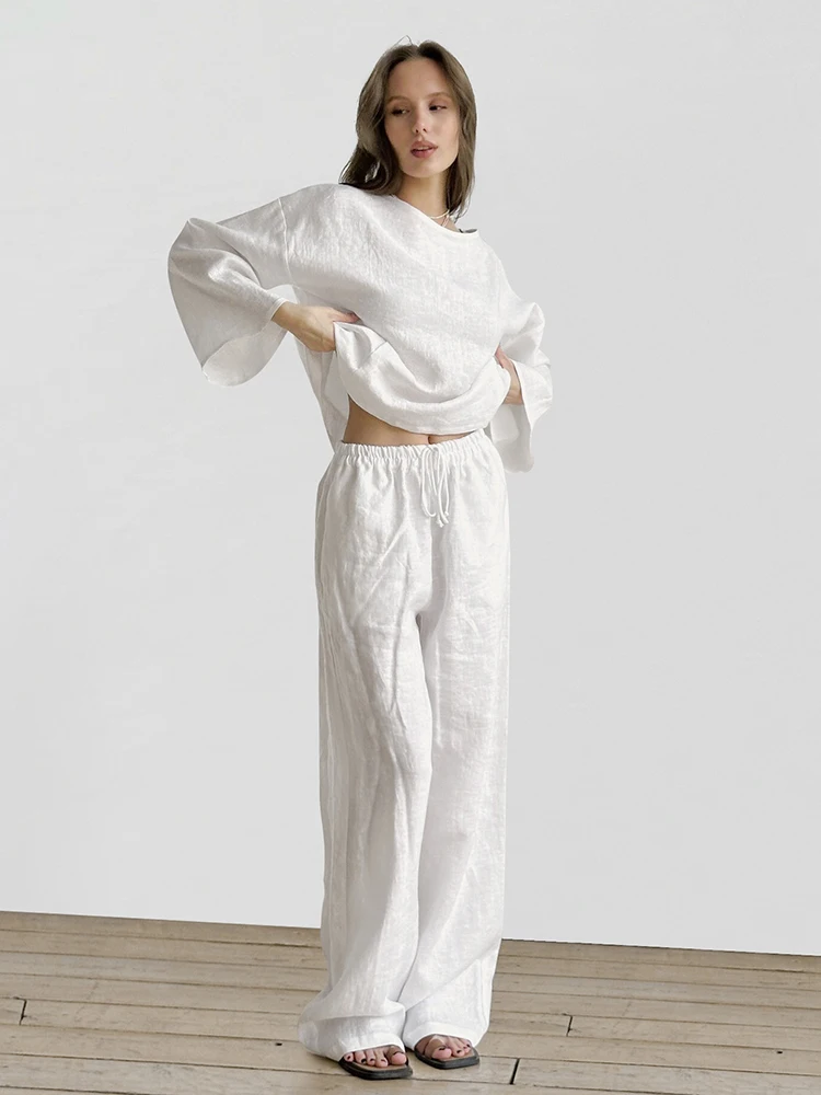 HiLoc White Cotton Linen Pants Sets Pajamas Women Two Pieces Suit Homewear 2024 Round Neck Tees And Drawstring Pants Female Fall