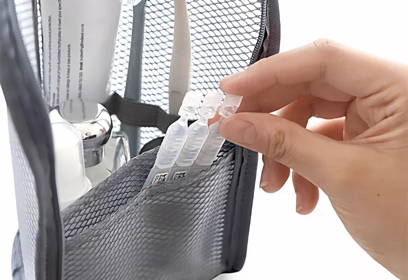 Tragbare, aufrechte Kosmetiktasche aus Netzstoff mit mehreren Fächern, wasserdicht, ideal als Reise-Kosmetik-Organizer für Damen, mit 3 zusätzlichen Beuteln für das Badezimmer. – Detail 20