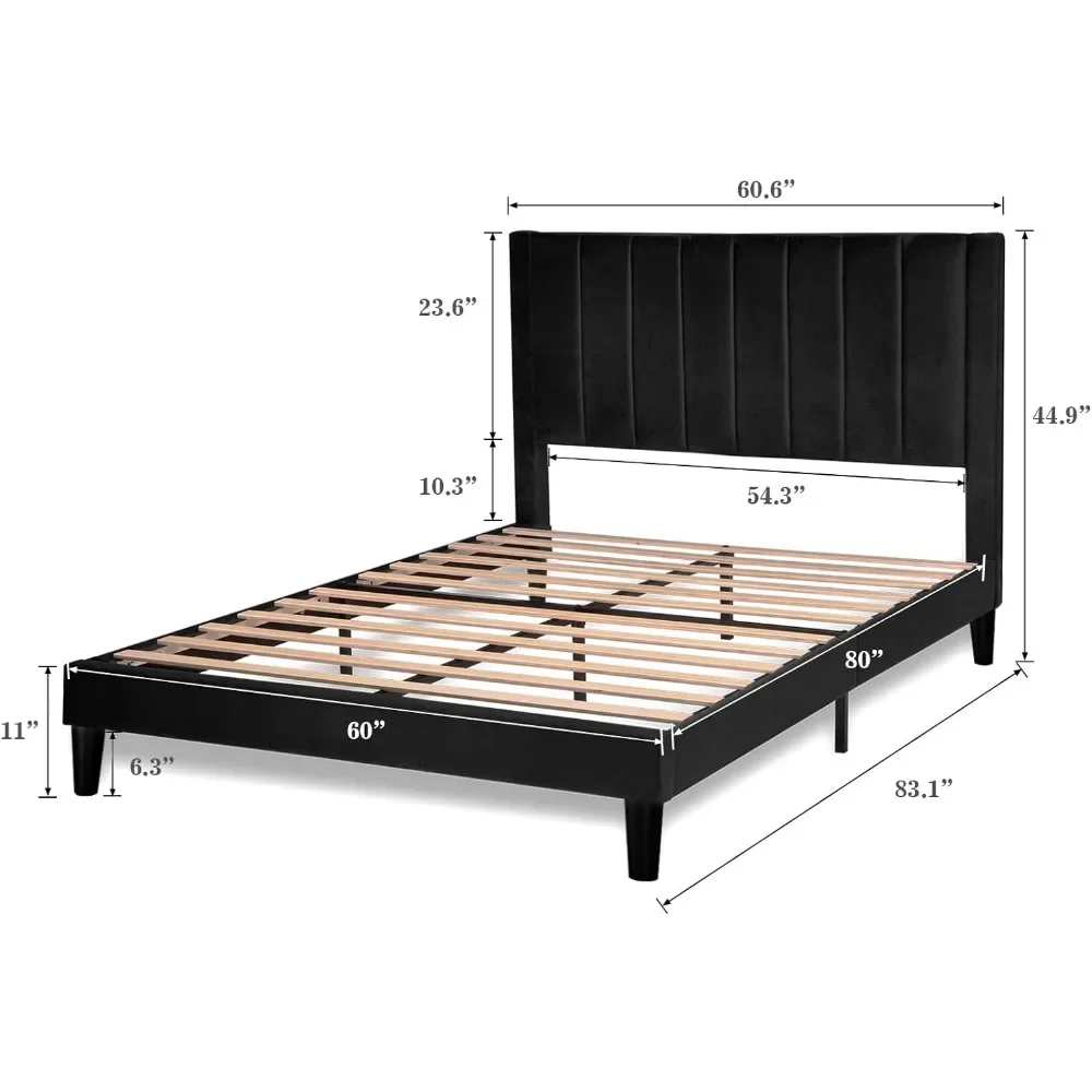 Veludo estofados cama Frame com canal vertical, cabeceira adornada, ripas de madeira fortes, plataforma cama