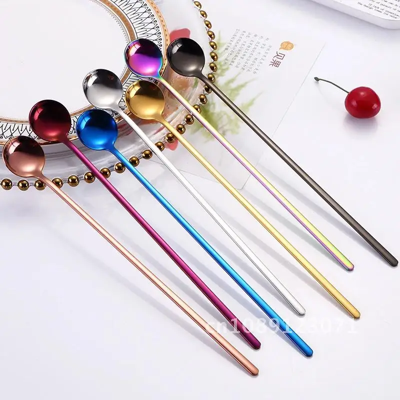 

Rainbow Color Coffee Tea Stir Spoon Long Handle Ice Cream Dessert Spoons Eco-Friendly Stainless Steel Tableware Kitchen Supplies