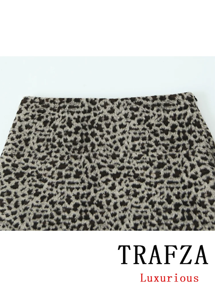 TRAFZA Vintage Casual Chic Leopard Women Suit ONeck Single Breasted Coat Mini Straight Skirt New Fashion 2024 Autumn Winter Suit