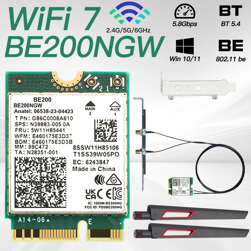 New WiFi 7 BE200 10DB Antenna Bluetooth 5.4 Wireless Wifi Card Tri Band 2.4G/5G/6GHz 5.8G M.2 NGFF Adapter for Win10/11