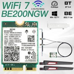 Cartão sem fio Tri Band WiFi, Novo WiFi 7, BE200, Antena 10DB, Bluetooth 5.4, 2.4G, 5G, 6GHz, 5.8G, Adaptador M.2 NGFF para Win10, 11