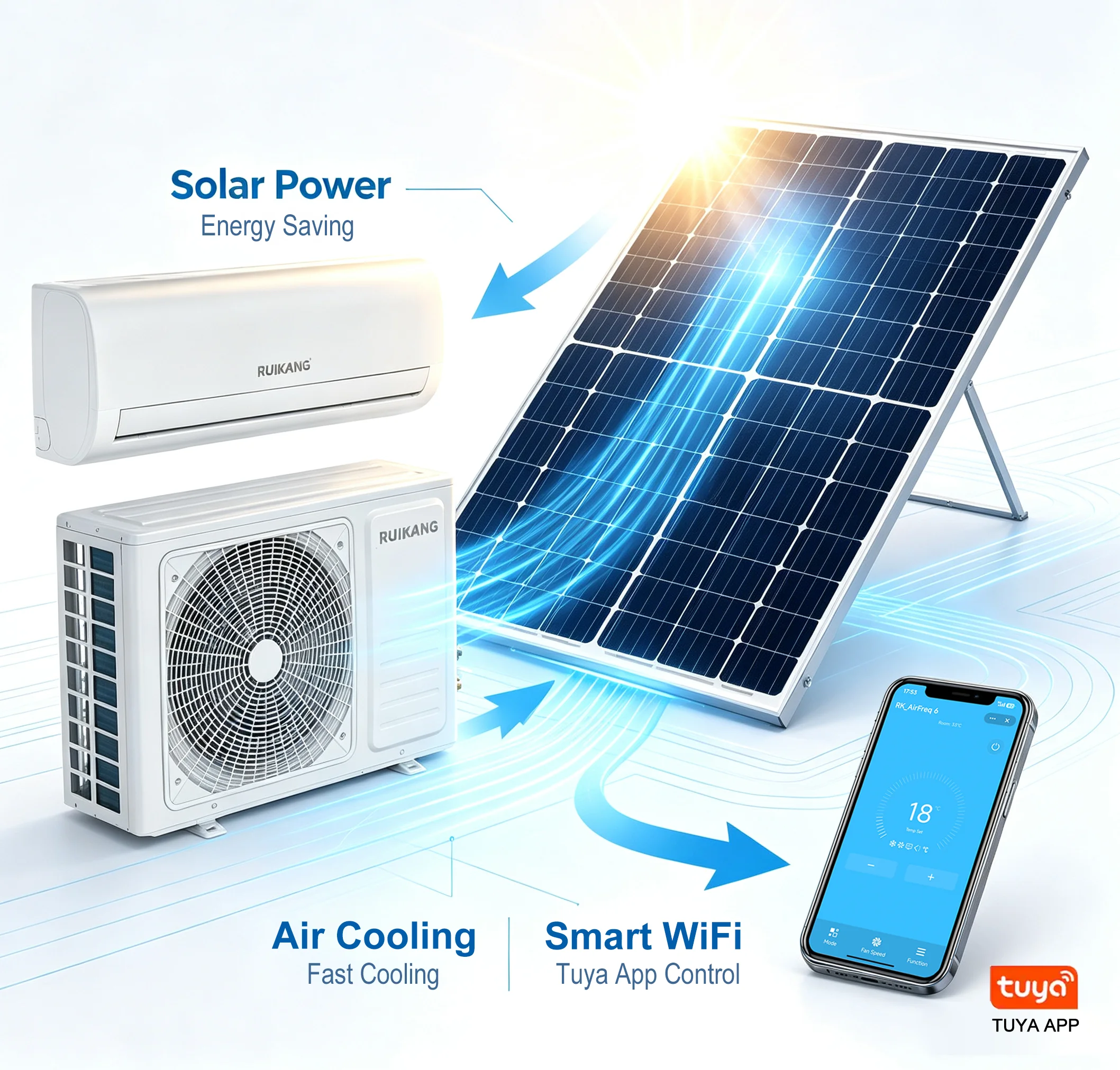 Smart WiFI Hybrid Solar Air Conditioner Assisted Split 220V Inverter 12000BTU 1.5 Ton R410A Refrigerant Household Commercial