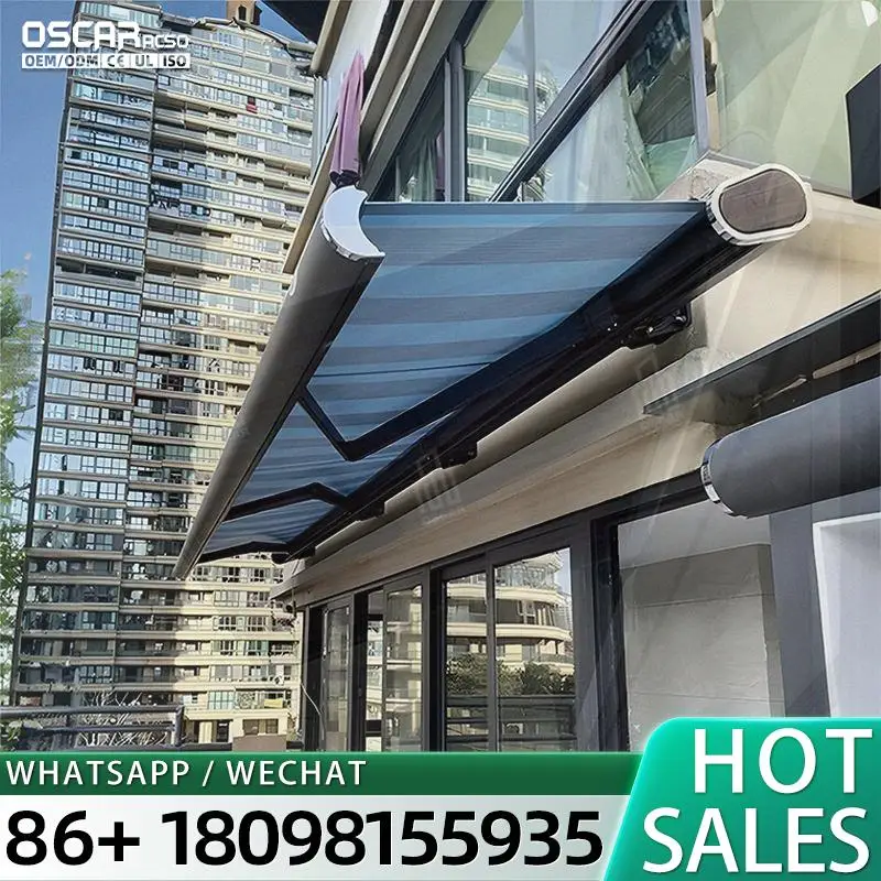 Remote Control Electric Aluminum Awnings with Arm LED Light Sun Protection UV Resistant Waterproof Retractable for Modern Garden