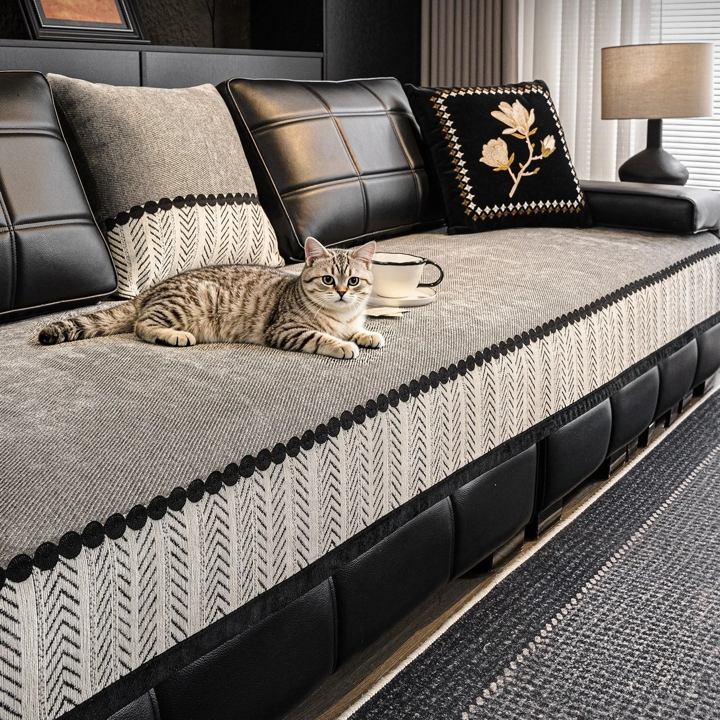 Contrast Hem Twill Chenille Sofa Cover for All Seasons Living Room Non-slip Sofa Seat Cover Couch Slipcover, Washable Sofa Towel