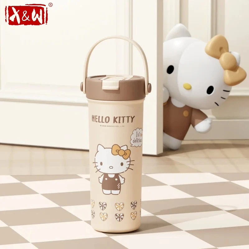 X&W Hello Kitty Coffee Color Series Thermos Cup 316 Stainless Steel Vacuum Flasks Cartoon Straw Cup Portable Travel Car Mug Gift