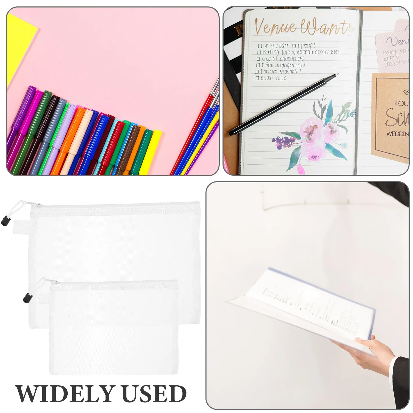 4Pcs Lightweight Zipper File Pouches Mesh Storage Container for Documents Newspapers Magazines Cosmetics Office School Use Clear