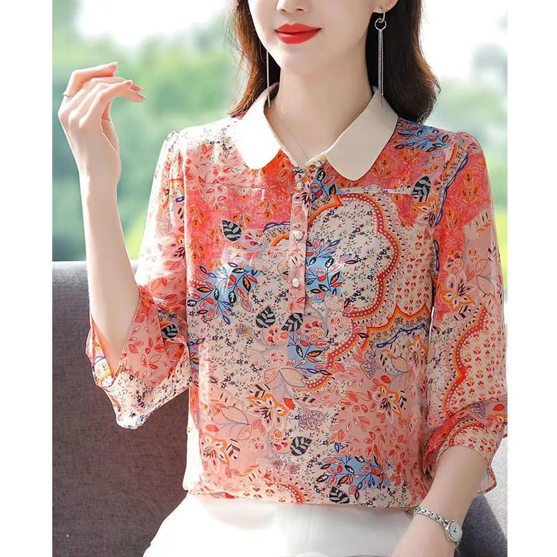 Women Floral Print Beaded Button Shirts Spring Summer Fashion Elegant Loose Blouses Ruffles 3/4 Sleeve Chic Tops Blusa Feminina