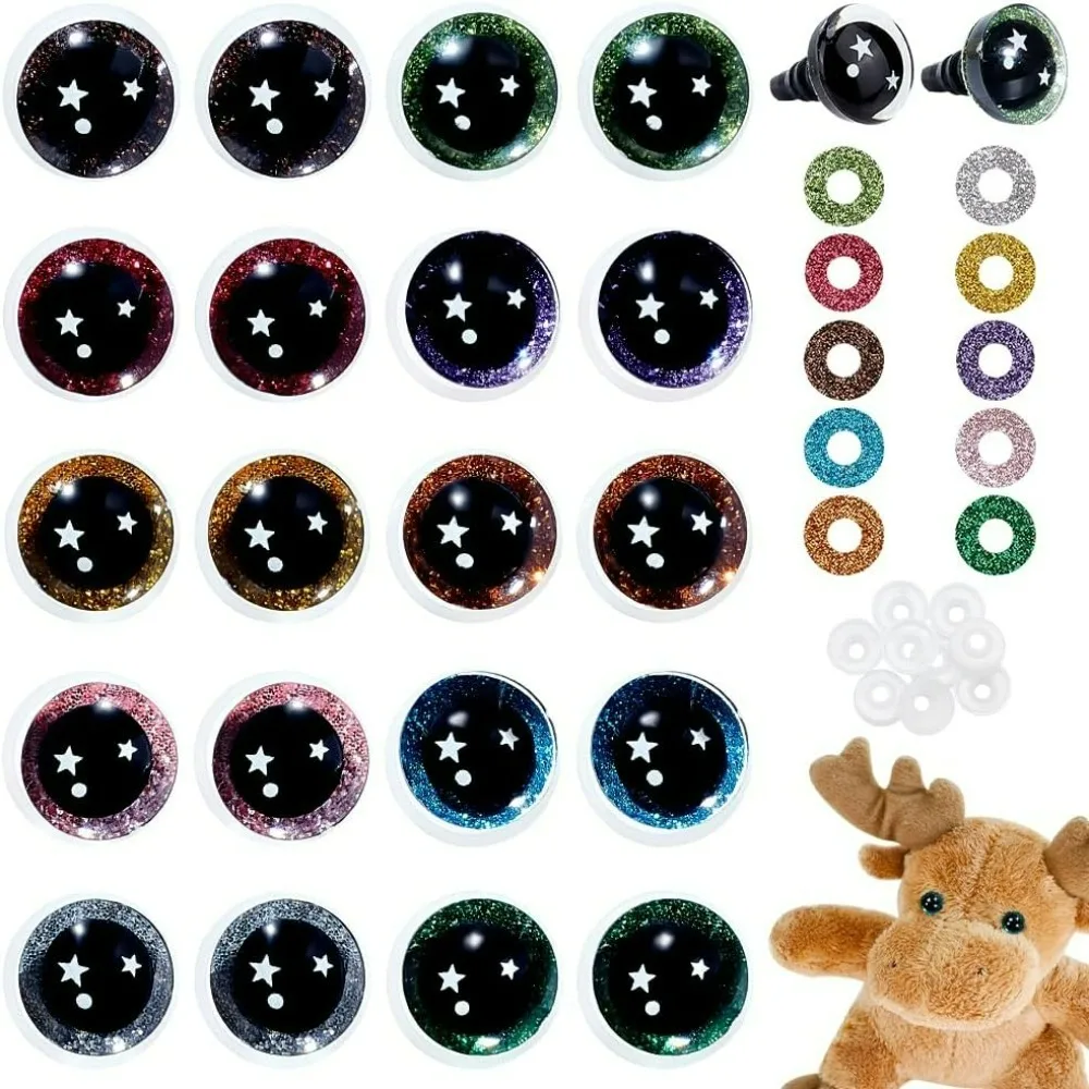 

30 Pairs Star Safety Eyes for Crocheting 10 Colors 16mm 3D Glitter Craft Eyes Resin Amigurumi Eye with Washers Plastic Crochet