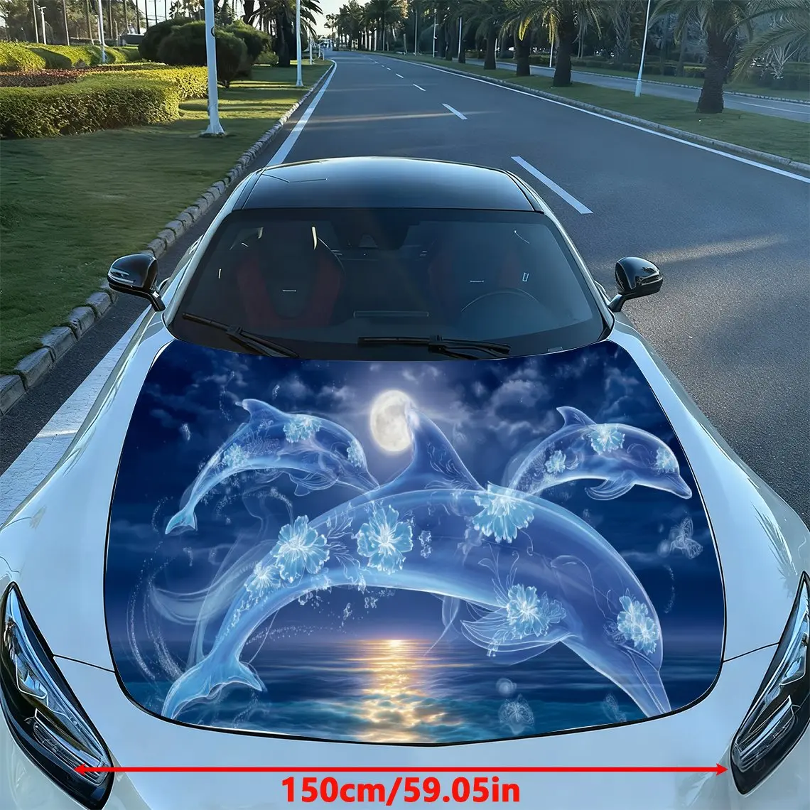 Dolphin Ocean Moonlight Trend Art PVC Car Hood Wraps, Self-Adhesive Waterproof Car Bonnet Decal Sticker, Car Decoration Protecti