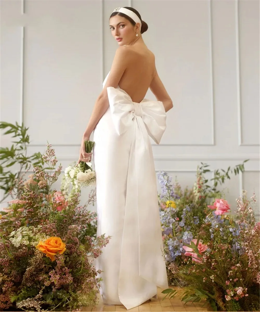 

White Sheath Evening Dress Long 2023 Big Bow Backless Strapless Simple Satin Pageant Prom Gowns Robe De Soiree Vestido Largo