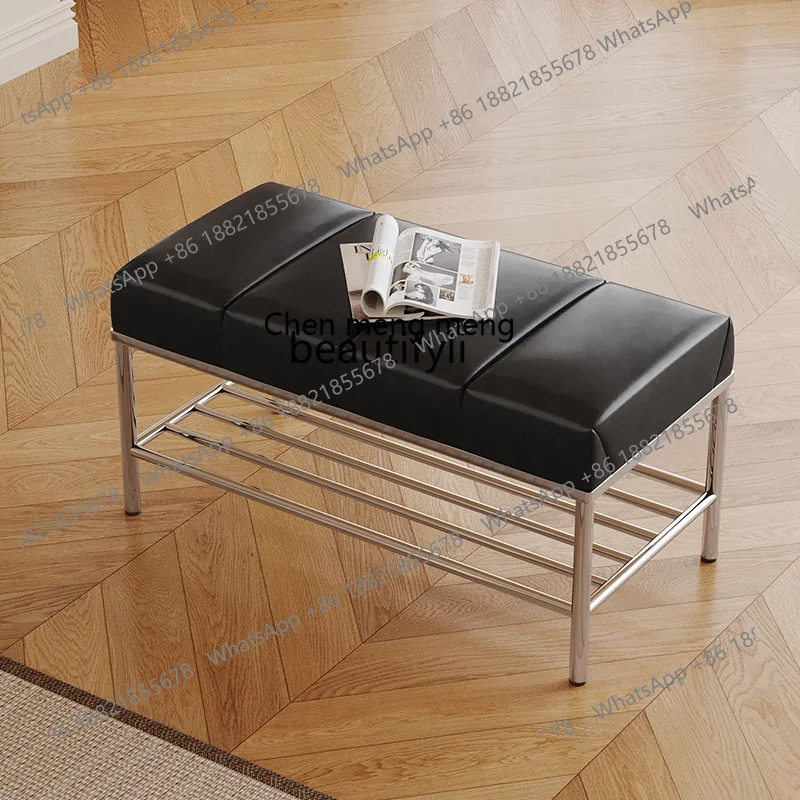 E153 Italian Style Light Luxury Oil Wax Nappa Leather Shoe Changing Stool Open Long Bench Entrance Hallway Coat Room Sofa Stool