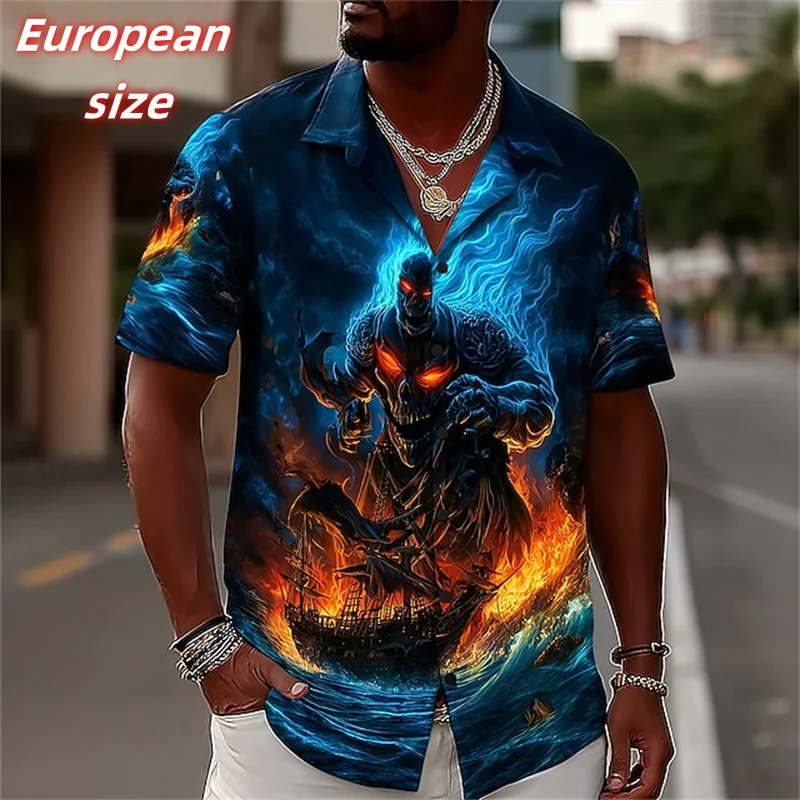 

Halloween Pumpkin Bat Pattern Hawaiian Shirt For Men Skeleton Flame 3D Print Aloha Shirts Summer Loose Tops Blouses Short Sleeve