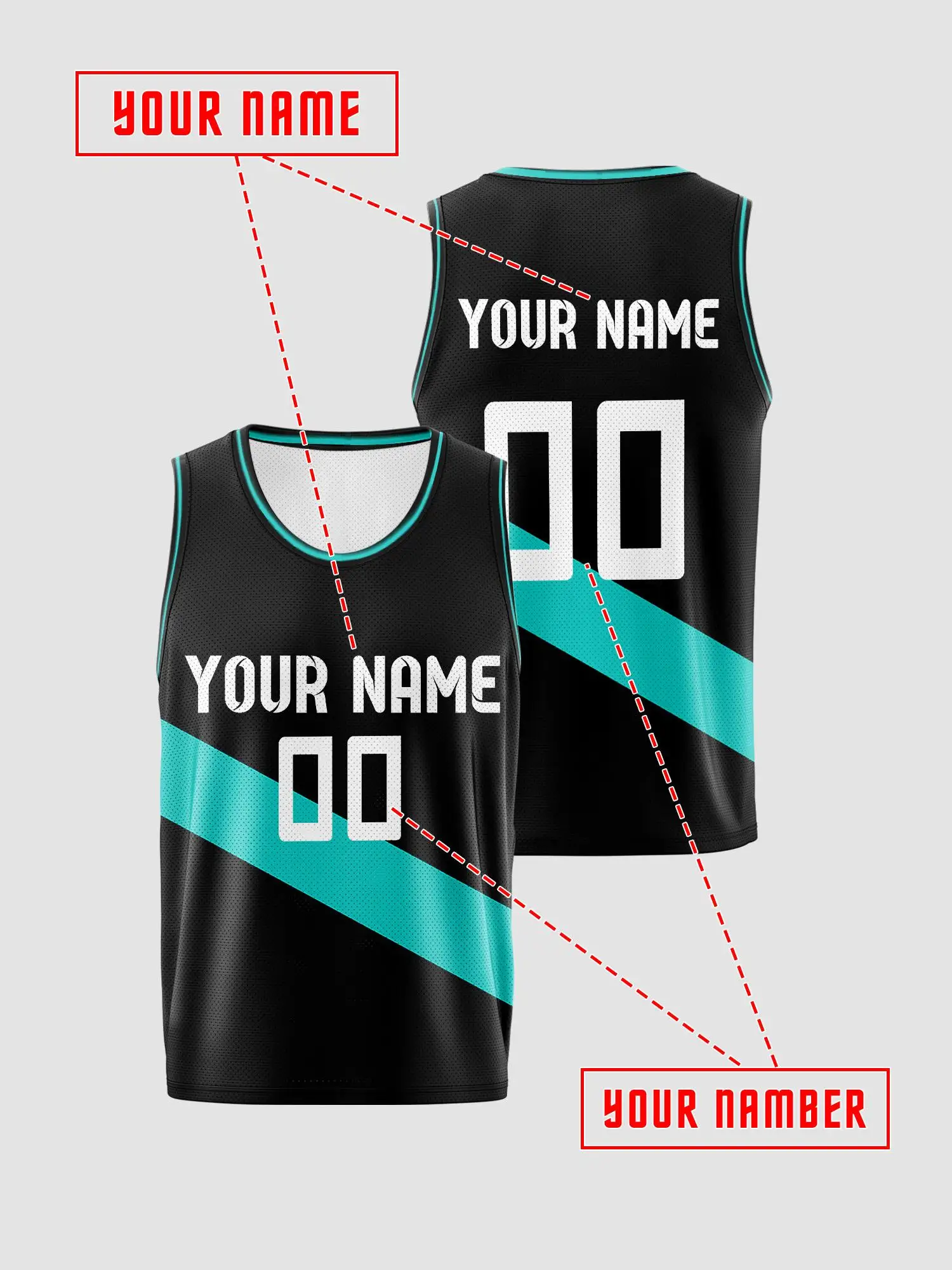 Black‑Teal Diagonal Stripe Custom Basketball Jersey Set, DIY Name & Number Print, Breathable Quick‑Dry Uniform for Adults & Kids