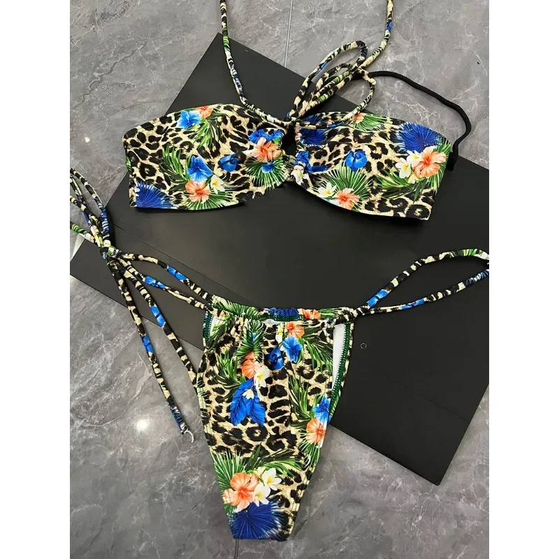 Conjunto de Bikini de marca de lujo para mujer, bañadores de diseño con estampado de flores y leopardo, Tankini Sexy para playa y primavera, 2024