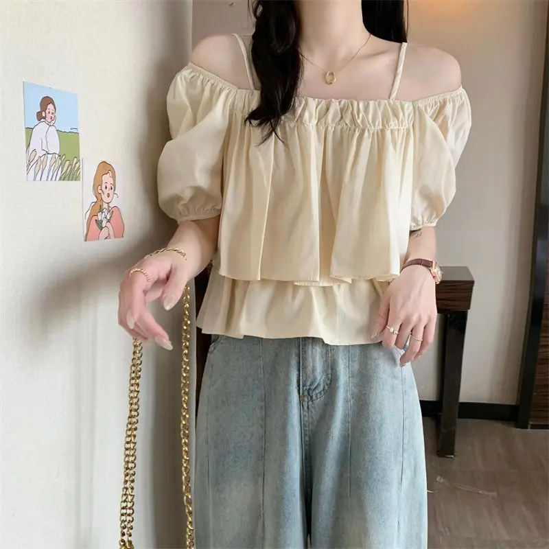 Chic Women Short Sleeve Blouse Summer Clothes 2024 New Korean Popular Style Female Casual Loose Off Shoulder Layered Cami Tops