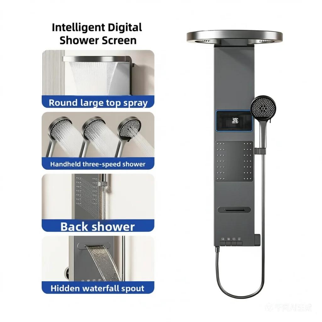 Système de douche mural LED avec jets pluie et cascade, affichage numérique, touches piano, robinet de salle de bain multifonctionnel