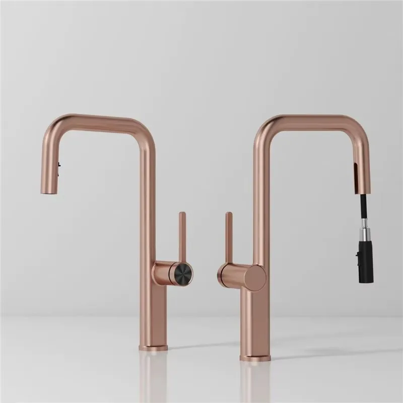 Geborsteld goud Uittrekbare keukenkranen Messing Rose Gold Gootsteenkranen Messing Gootsteenkraan Roterende uitloop Mengkraan Heet koud water Kraan