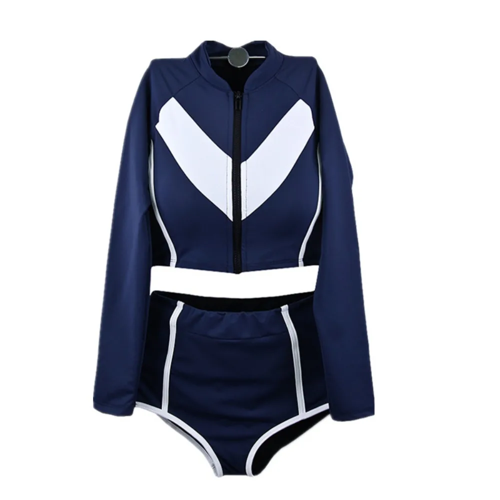 

Sporty Two Piece Long Sleeve Swimming Suit Slimming Design Quick Dry Surf Swimwear Zipper High Waist Swimwear Water Sports