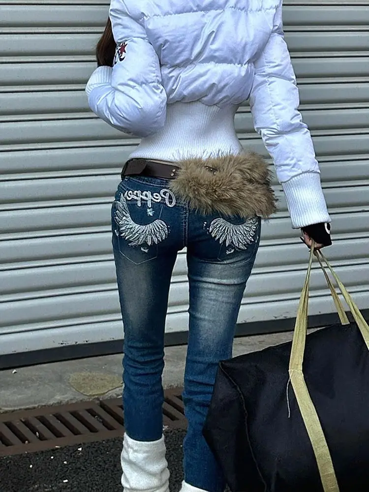 Deeptown Vintage Y2K Wings Embroidery Jeans Women Blue Punk Low Waist Skninny Jeans American Retro Gyaru Streetwear Aesthetic